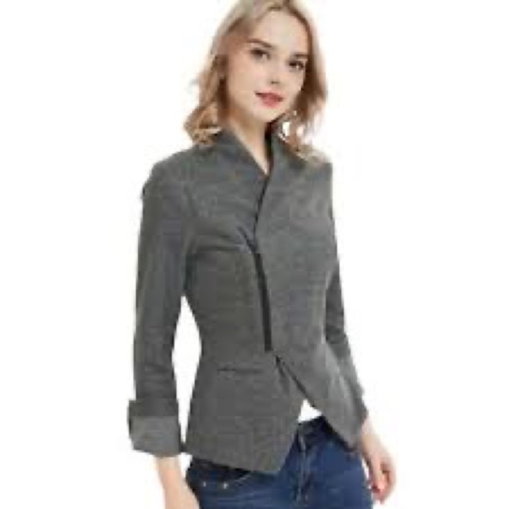 🌸 CAbi #3556 Gray Rebel Motto Asymmetrical Zip Up Ponte Knit Jacket NWOT - XL